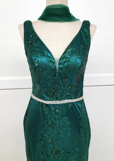 Chicas DM4026 Printed Evening Floral Floor-Length Beaded Embroidered Satin Dress
