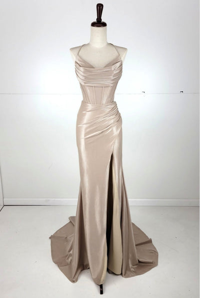 Chicas C326 Solid-Color Mermaid Spaghetti-Strap Long Corset High-Slit Fabric Dress
