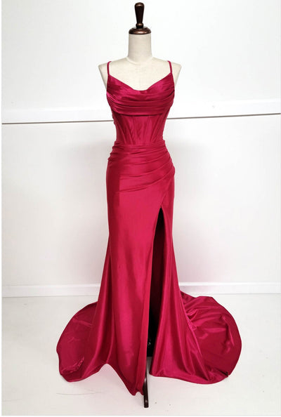 Chicas C326 Solid-Color Mermaid Spaghetti-Strap Long Corset High-Slit Fabric Dress