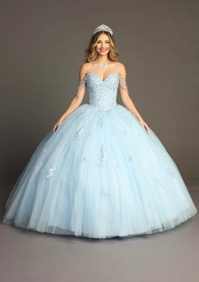 Chicas HF3071 Printed Glitter Blue BallDress Strapless Tulle Dress