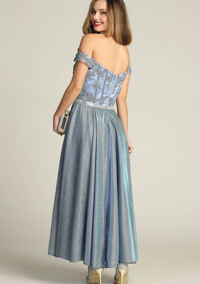 Chicas DM4027 Elegant Evening Blue A-Line Illusion Tea-Length Fabric Dress