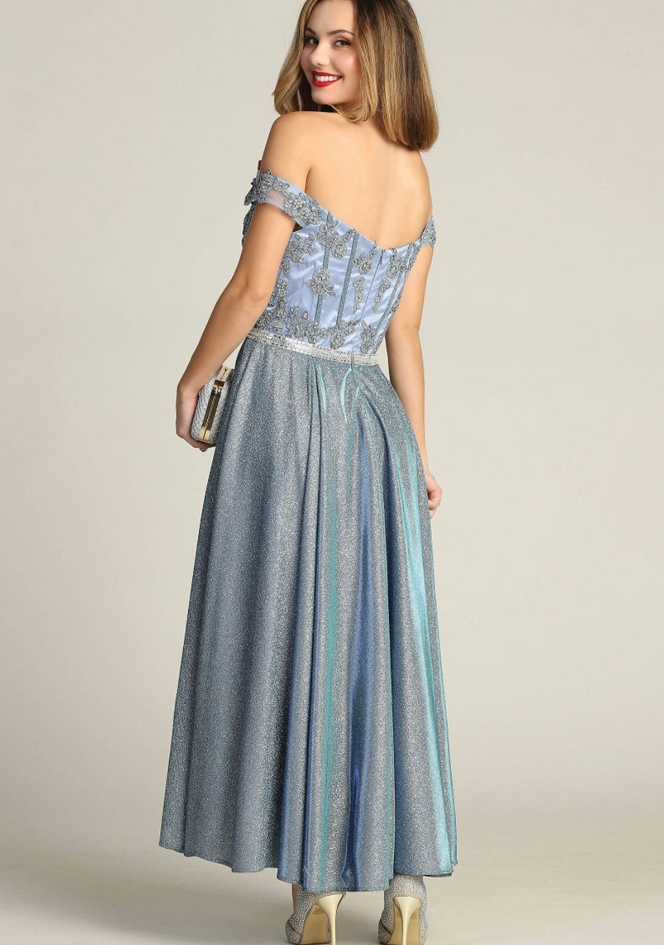 Chicas DM4027 Elegant Evening Blue A-Line Illusion Tea-Length Fabric Dress