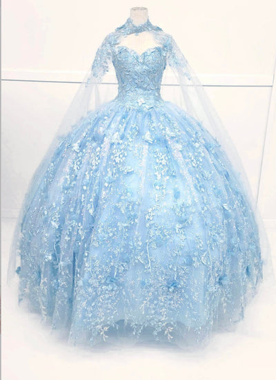 Chicas HF3067 Printed Glitter Quinceañera Blue BallDress Strapless Tulle Dress