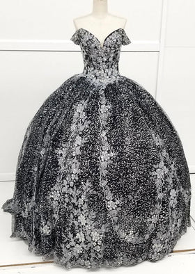 Chicas HF3039 Printed Quinceañera Black BallDress Sweetheart Floral Lace Dress