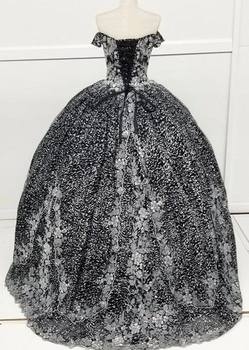 Chicas HF3039 Printed Quinceañera Black BallDress Sweetheart Floral Lace Dress
