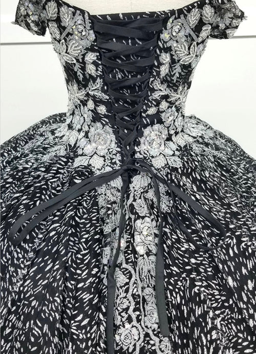 Chicas HF3039 Printed Quinceañera Black BallDress Sweetheart Floral Lace Dress