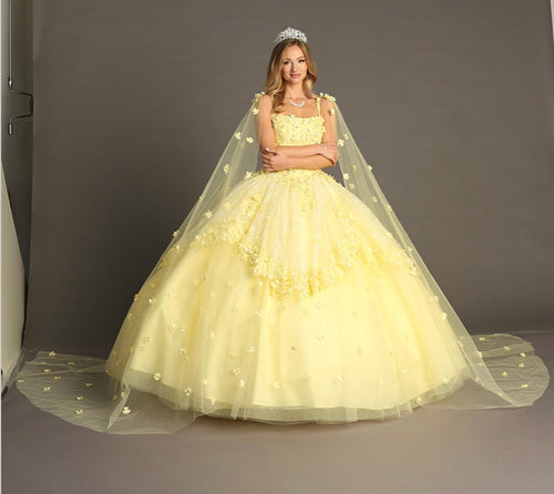 Chicas HF3046 Printed BallDress Floral Floor-Length Appliqué Cape Fabric Dress