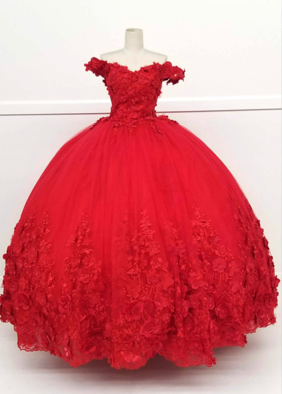 Chicas HF3030 Printed Quinceañera Red BallDress Floral Tulle Dress