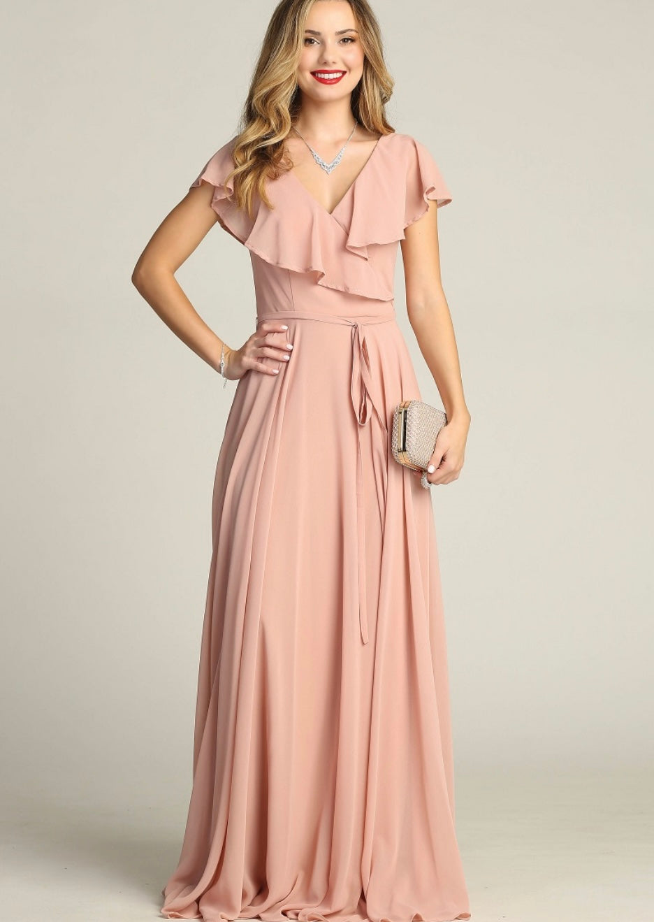 Chicas C2403 Floor-Length Elegant Evening Long Ruffled Chiffon Dress