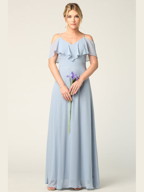 Cold Shoulder Chiffon Maxi Dress with Ruffle Overlay Formal Evening Gown By Eva USA 3263