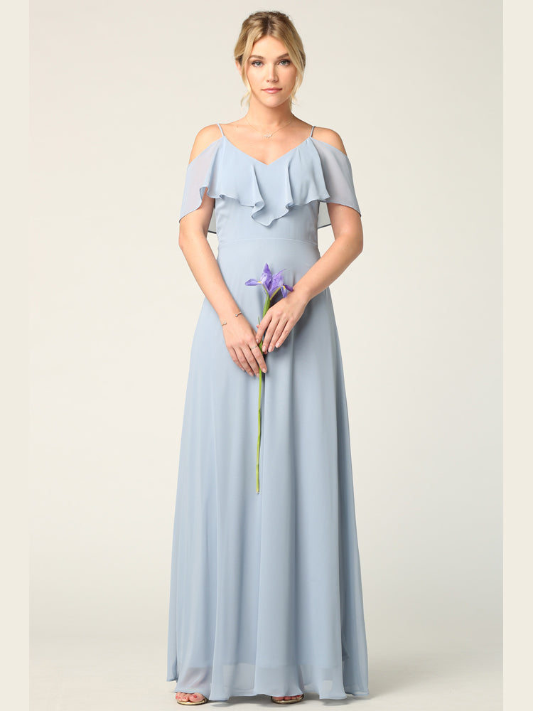 Cold Shoulder Chiffon Maxi Dress with Ruffle Overlay Formal Evening Gown By Eva USA 3263