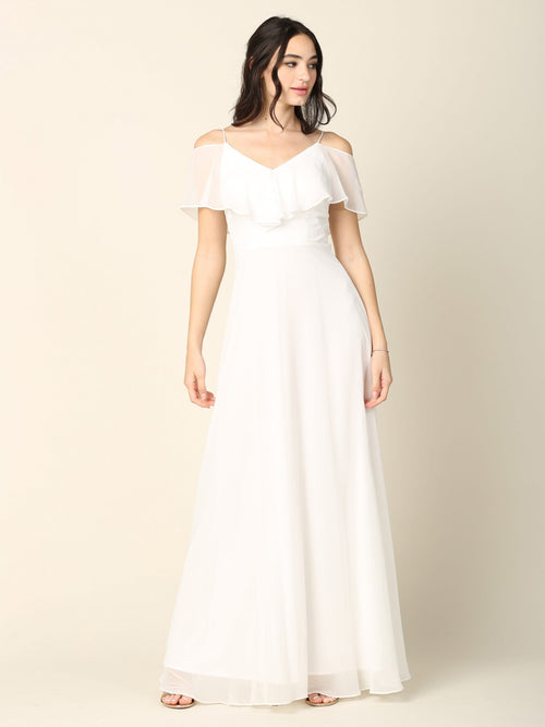 Cold Shoulder Chiffon Wedding Gown with Ruffle Bodice By Eva USA 3263