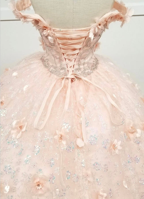 Chicas HF3027 Romantic Printed Glitter Quinceañera Blush BallDress Tulle Dress