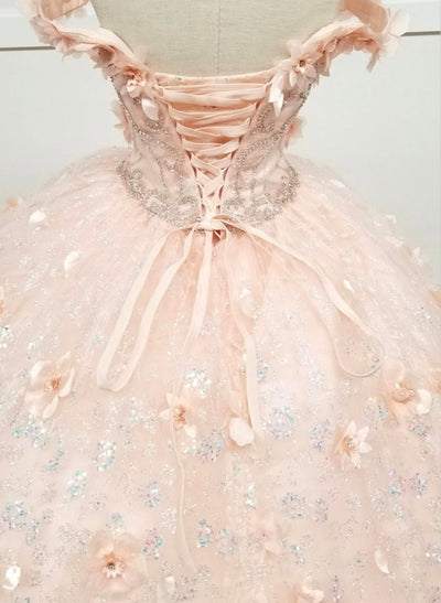 Chicas HF3027 Romantic Printed Glitter Quinceañera Blush BallDress Tulle Dress