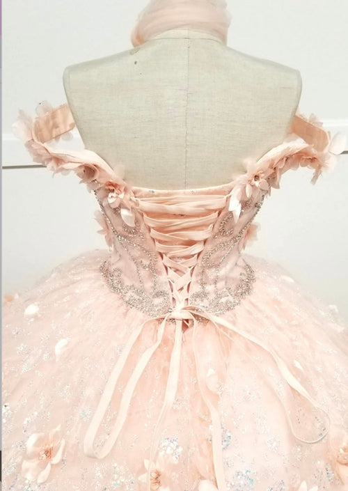 Chicas HF3027 Romantic Printed Glitter Quinceañera Blush BallDress Tulle Dress