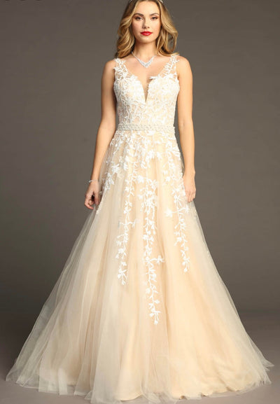 Chicas AN1102 Elegant Printed Formal Ivory A-Line Illusion Tulle Dress