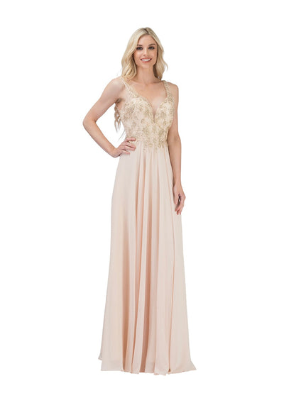 Chicas YG5017 Evening Navy A-Line Long Beaded Chiffon Dress