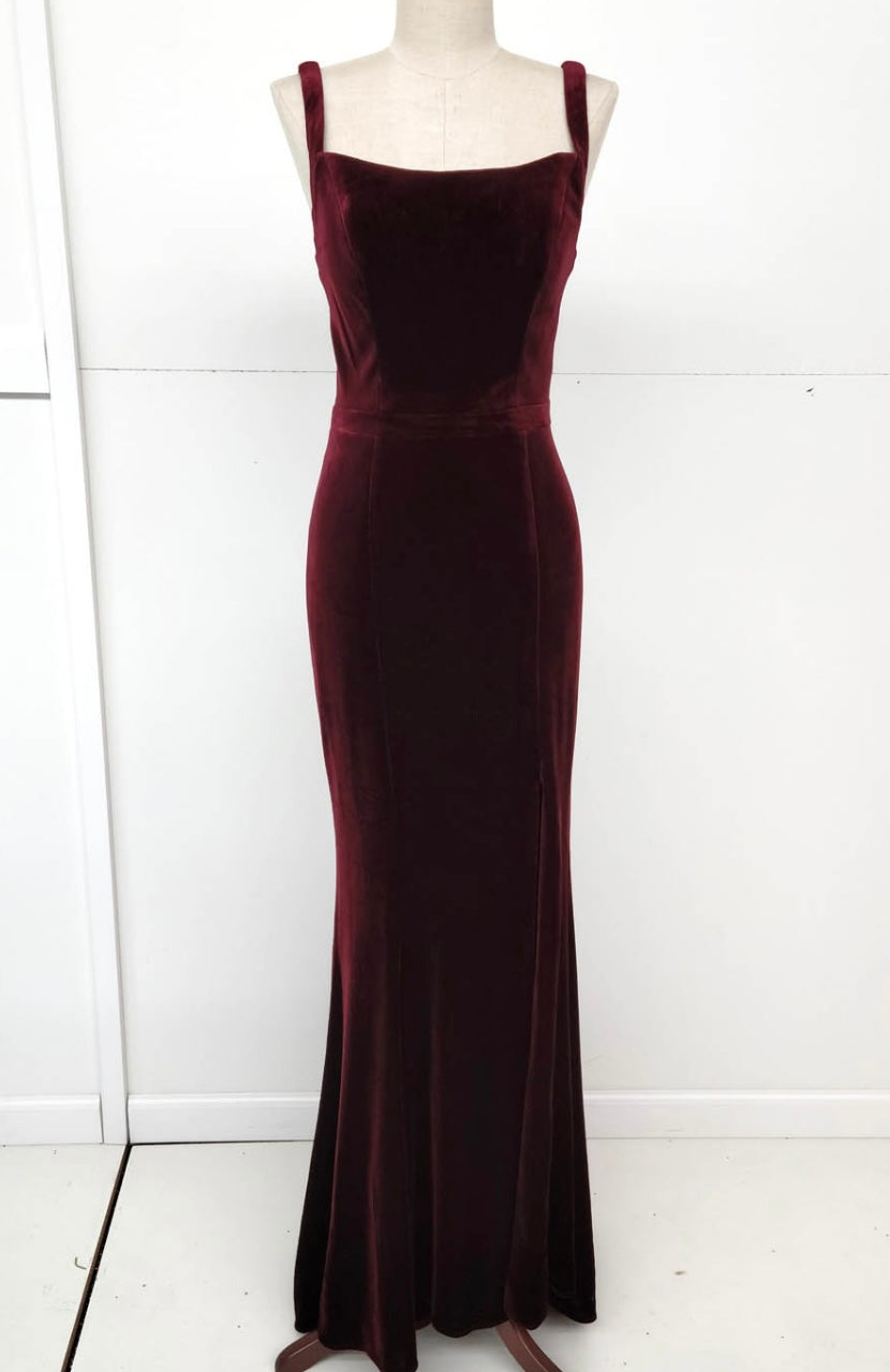 Chicas C7536 Elegant Evening Burgundy Floor-Length High-Slit Strappy Velvet Dress