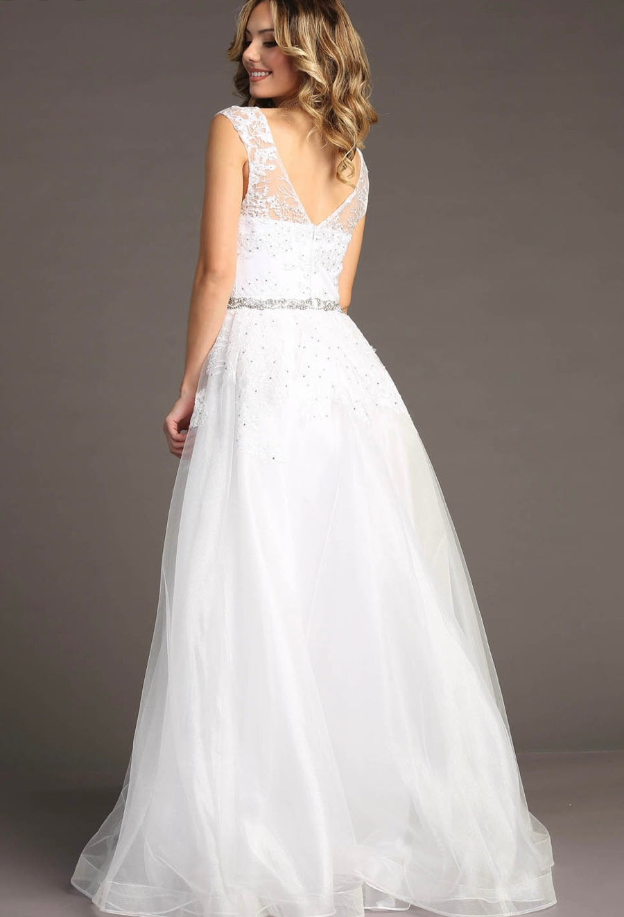 Chicas LM8023 Formal White Illusion Floor-Length Beaded Fabric Dress