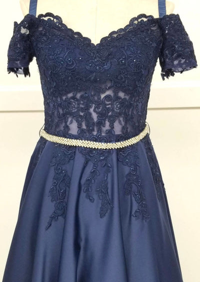 Chicas C7071 Elegant Formal Navy Floor-Length Beaded Embroidered Satin Dress