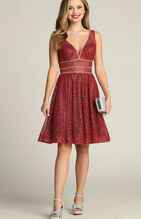 Chicas Y5801 Modern Glitter Formal Red A-Line Illusion Lace Dress