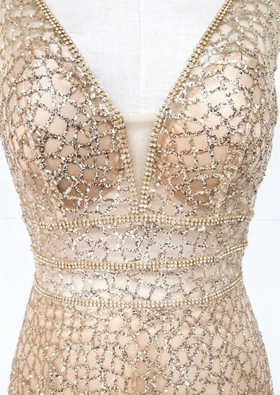 Chicas C7058 Modern Prom Gold A-Line Floor-Length Sequin Fabric Dress
