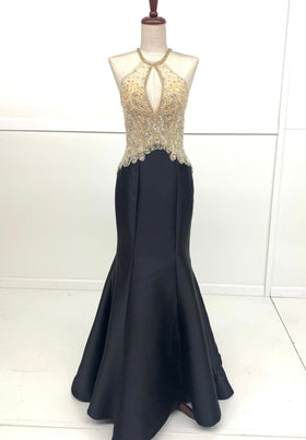 Chicas C9186 Black Mermaid Halter Floor-Length Beaded Satin Dress