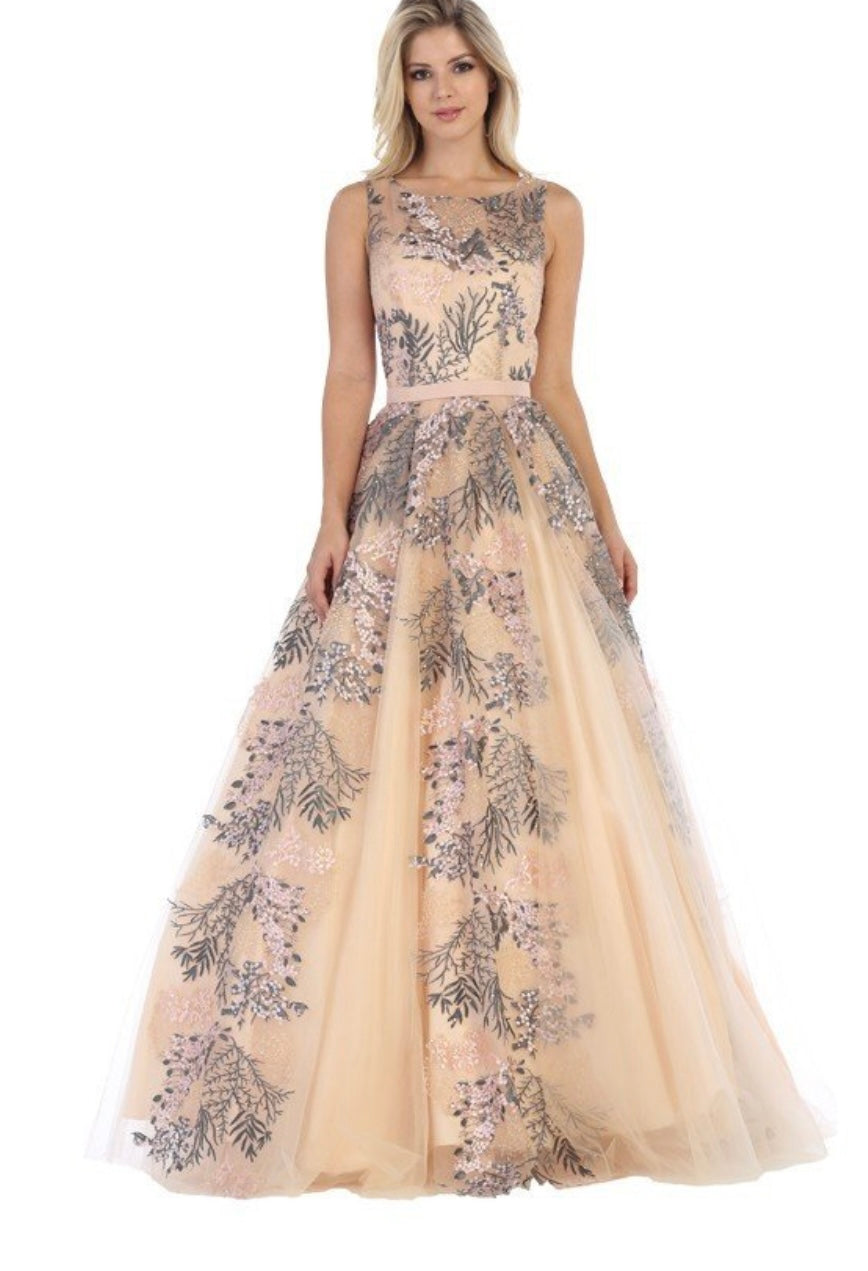 Chicas LM8007 Printed Formal Wine Illusion Floral Floor-Length Tulle Dress