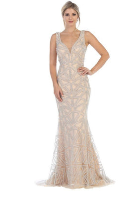 Chicas BT9011 Elegant Formal Navy Floor-Length Strappy Fabric Dress