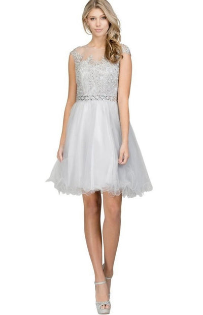 Chicas YG5007 Romantic Printed Illusion Floral Short Beaded Tulle Dress