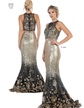 Chicas DR7005 Printed Metallic Evening Black Mermaid Illusion Fabric Dress