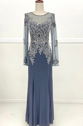 Chicas C3298 Elegant Evening Wine Mermaid Long-Sleeve Floor-Length Mesh Dress
