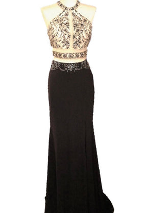 Chicas CR7001 Prom Black Two-Piece Halter Long Fabric Dress