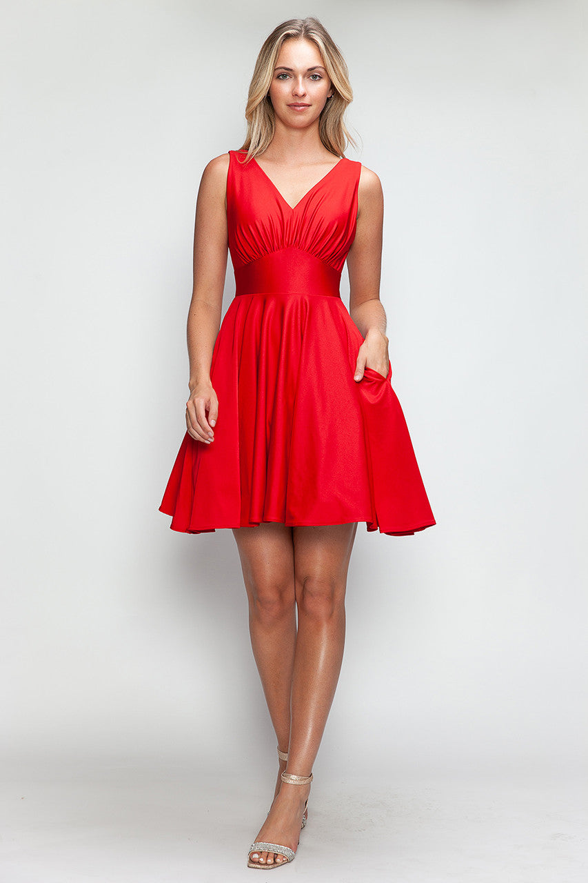 Lenovia 3090 Short V-Neck Satin A-Line Dress with Pockets