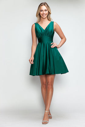 Lenovia 3090 Short V-Neck Satin A-Line Dress with Pockets