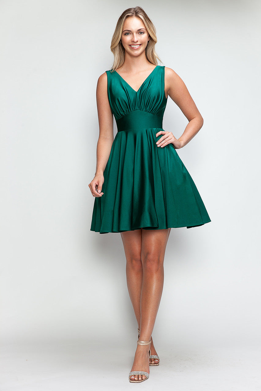 Lenovia 3090 Short V-Neck Satin A-Line Dress with Pockets