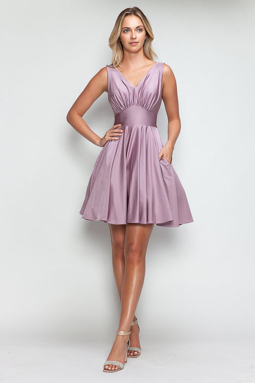 Lenovia 3090 Short V-Neck Satin A-Line Dress with Pockets