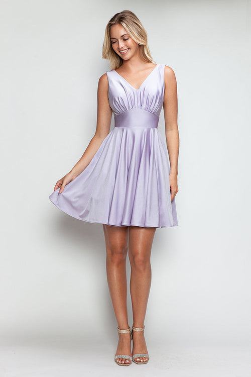 Lenovia 3090 Short V-Neck Satin A-Line Dress with Pockets