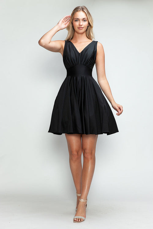 Lenovia 3090 Short V-Neck Satin A-Line Dress with Pockets