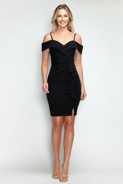 Lenovia 3097 Short Cold Shoulder Techno Crepe Ruffle Dress
