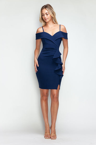 Lenovia 3097 Short Cold Shoulder Techno Crepe Ruffle Dress