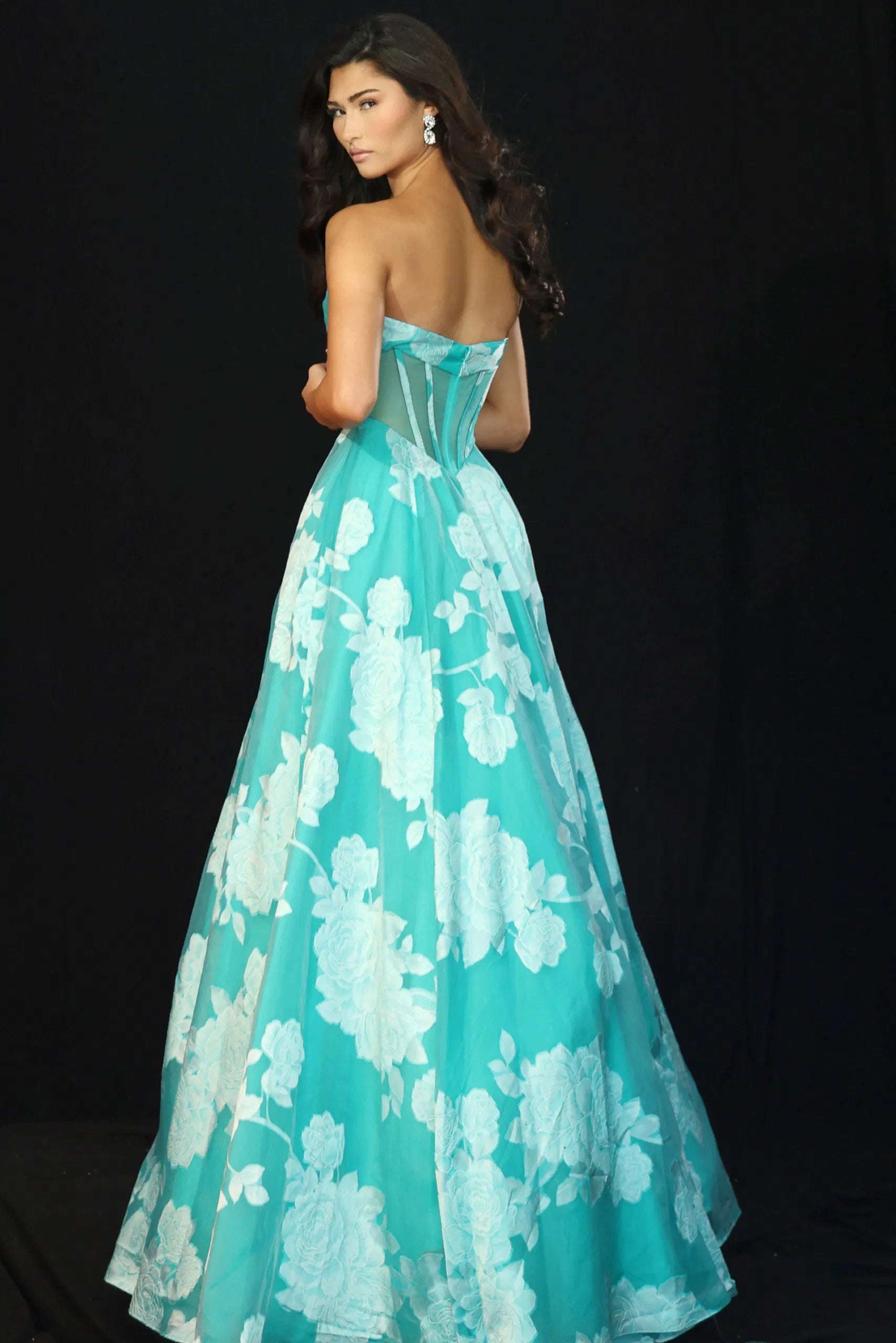 Strapless Floral Organza A-line Gown with Corset Bodice Sweetheart Formal Prom Dress by Jovani 47327