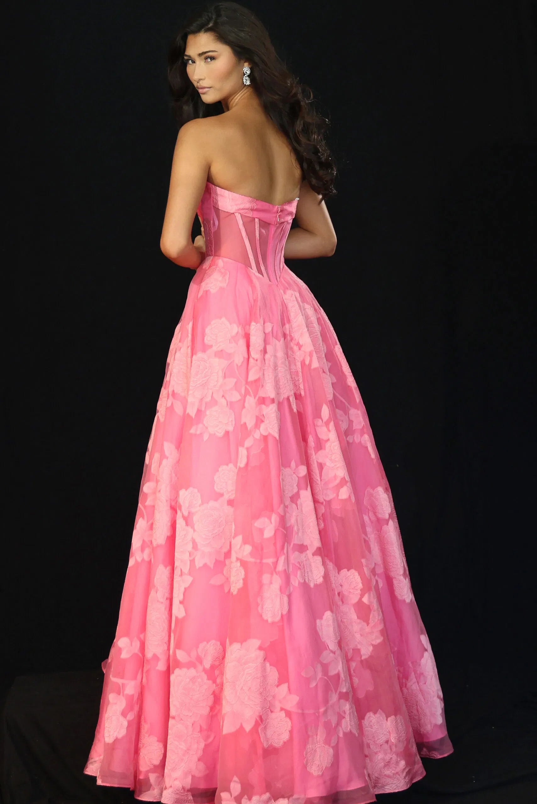 Strapless Floral Organza A-line Gown with Corset Bodice Sweetheart Formal Prom Dress by Jovani 47327
