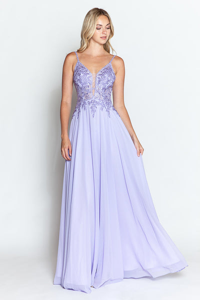 Embroidered A-Line Gown with Sheer V-Neck and Beaded Bodice Sleeveless Formal Prom Dress By Lenovia 8185
