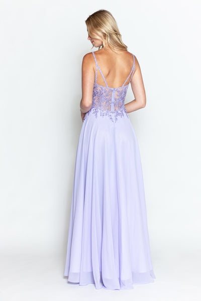 Embroidered A-Line Gown with Sheer V-Neck and Beaded Bodice Sleeveless Formal Prom Dress By Lenovia 8185