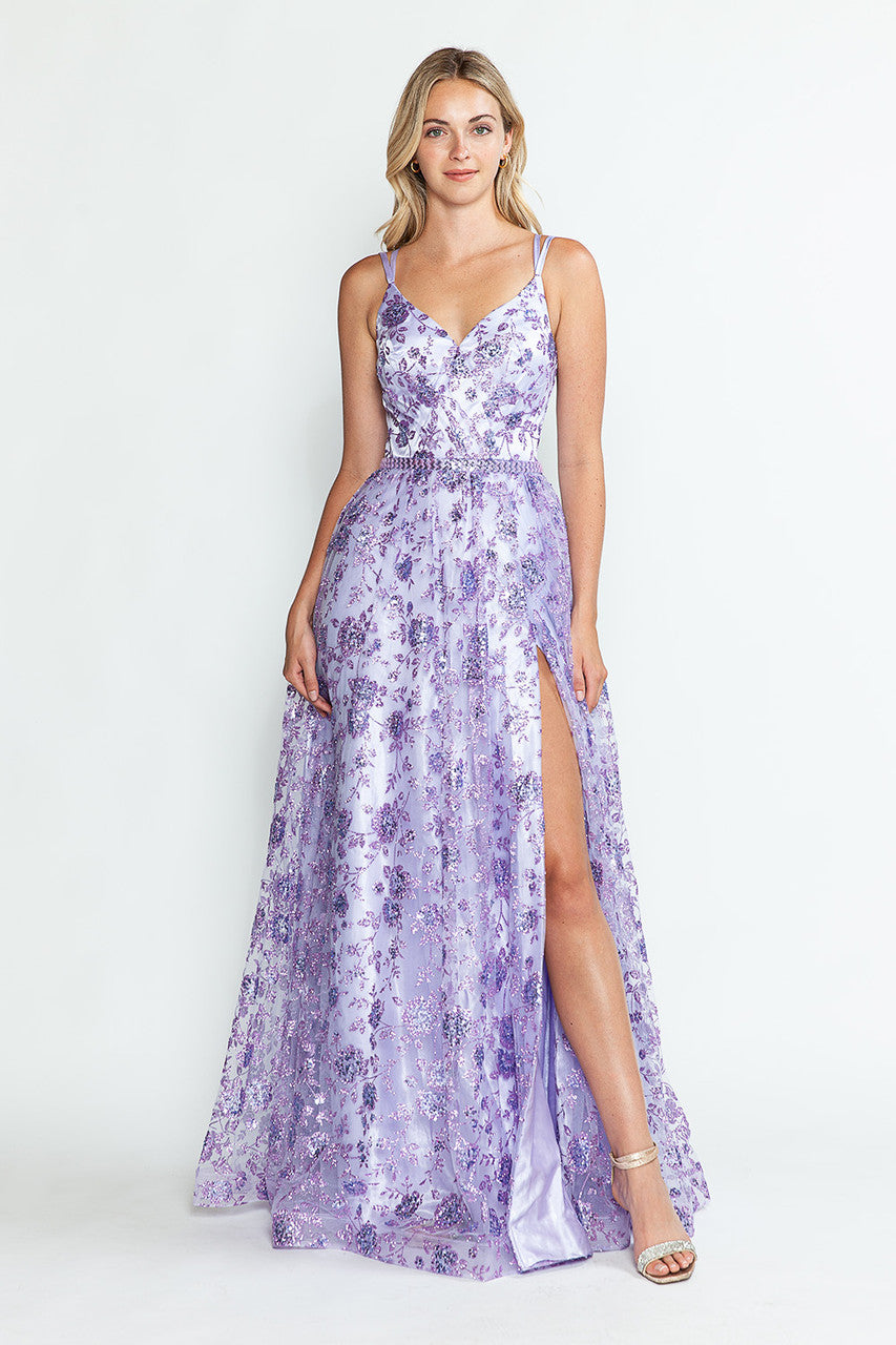 Vestido de fiesta formal de corte A con adornos de purpurina, espalda de corsé y cinturón de piedras de Lenovia 8235
