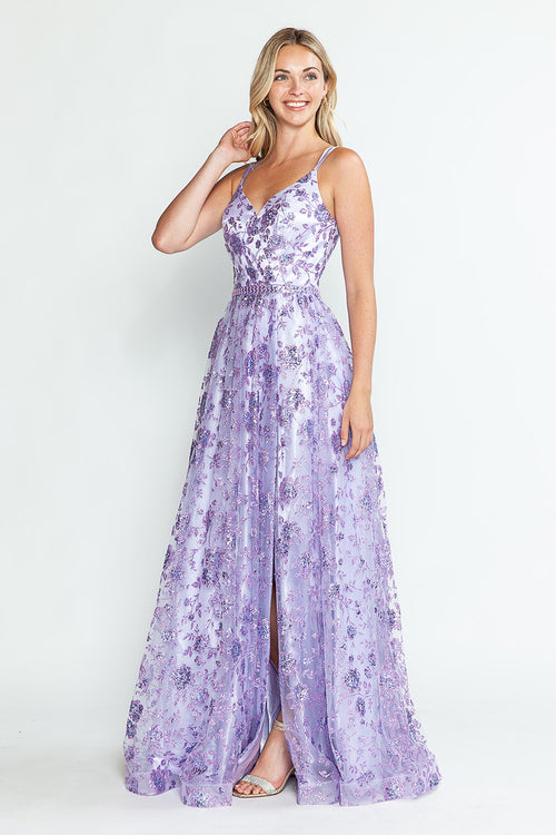 Glitter Embellished A-Line Gown with Corset Back & Stone Belt Formal Prom Dress by Lenovia 8235