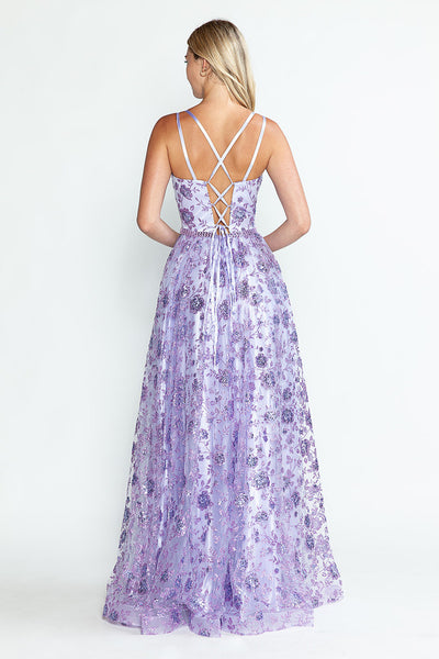 Glitter Embellished A-Line Gown with Corset Back & Stone Belt Formal Prom Dress by Lenovia 8235