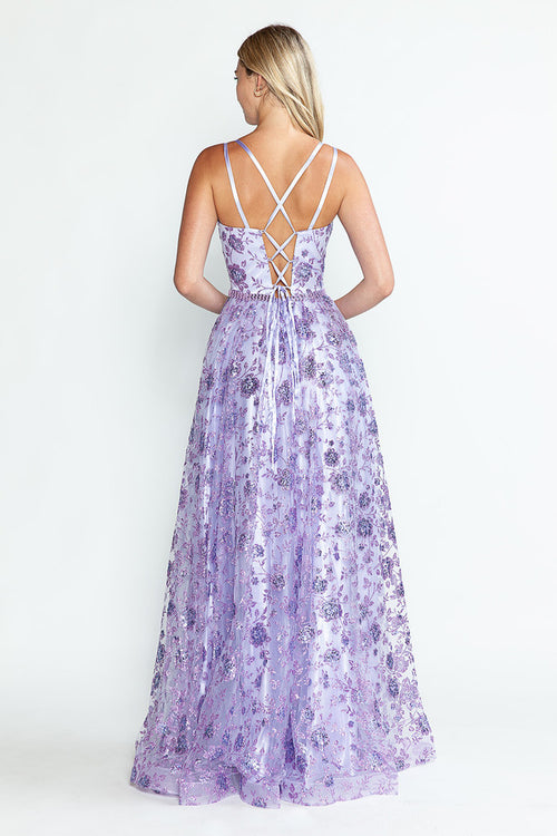 Glitter Embellished A-Line Gown with Corset Back & Stone Belt Formal Prom Dress by Lenovia 8235