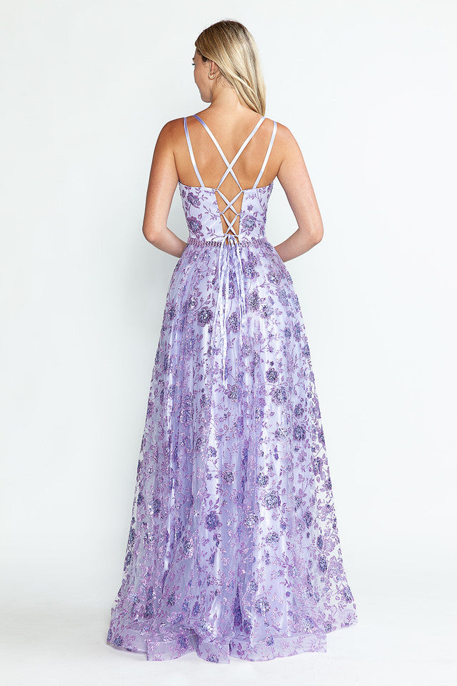 Vestido de fiesta formal de corte A con adornos de purpurina, espalda de corsé y cinturón de piedras de Lenovia 8235